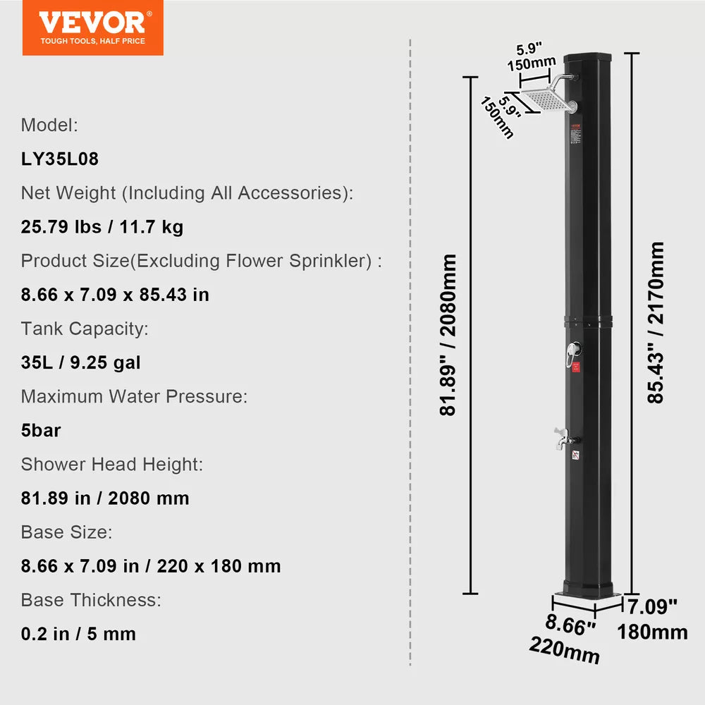 VEVOR 9.25 Gallon Outdoor Solar Heating Shower 7.1Ft Adjustable Shower Head Base