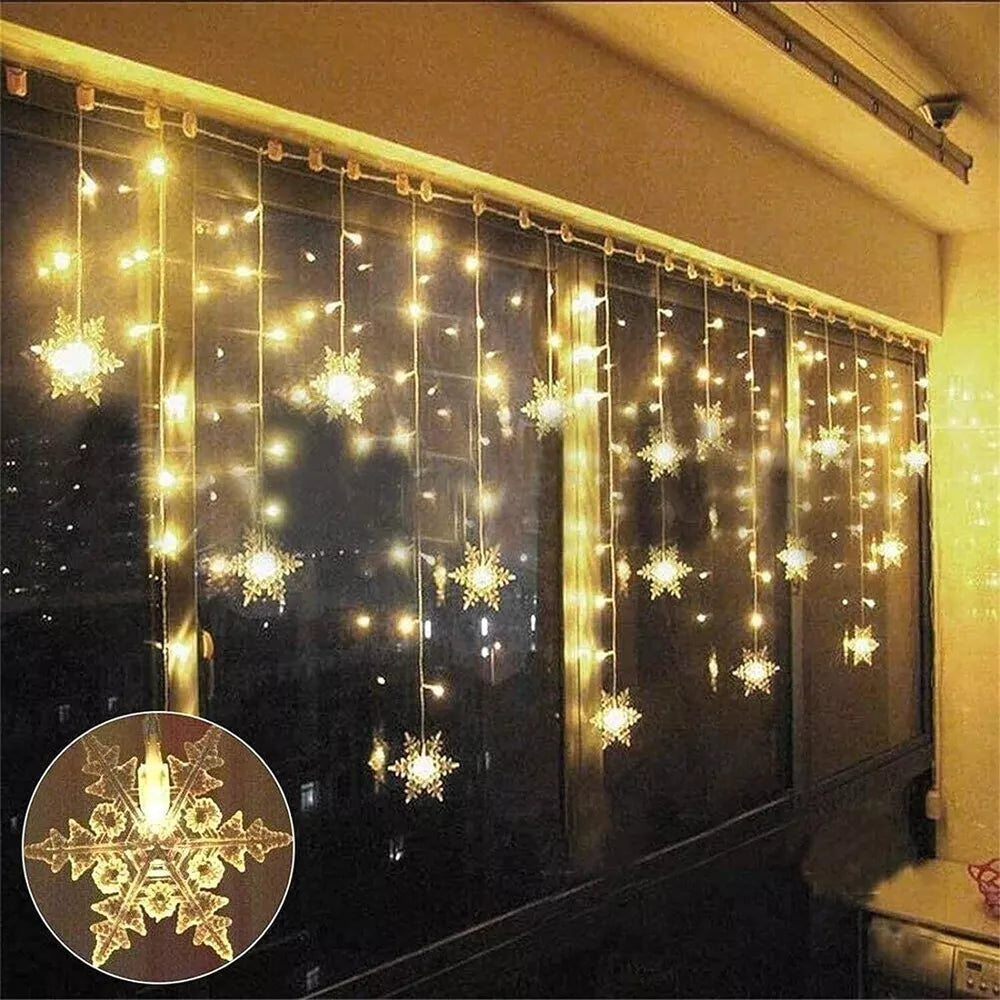 96 LED Snowflake Fairy Curtain String Lights Hanging Xmas Ornament Party Decor