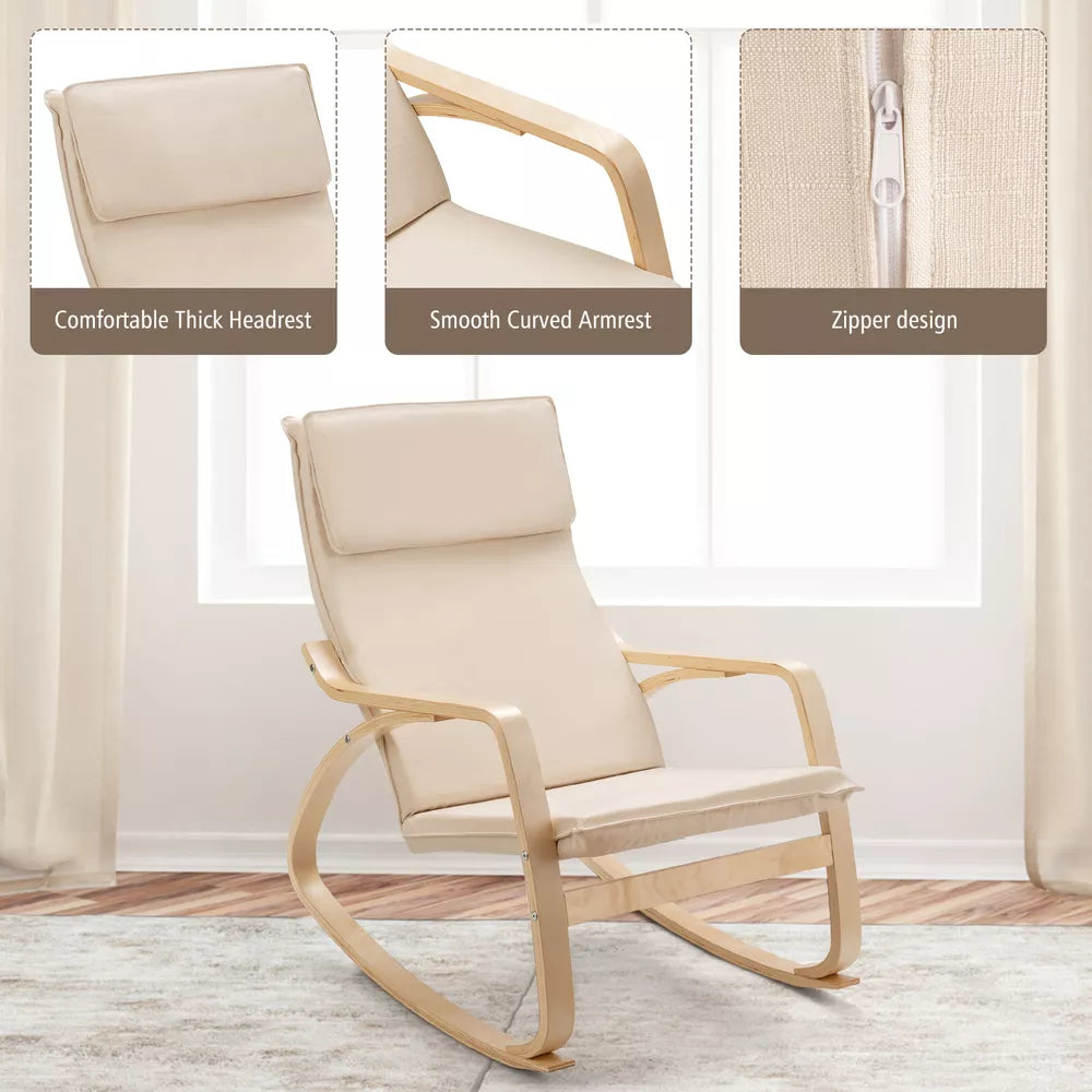 Modern Bentwood Rocking Chair Fabric Upholstered Relax Rocker Lounge Chair Beige