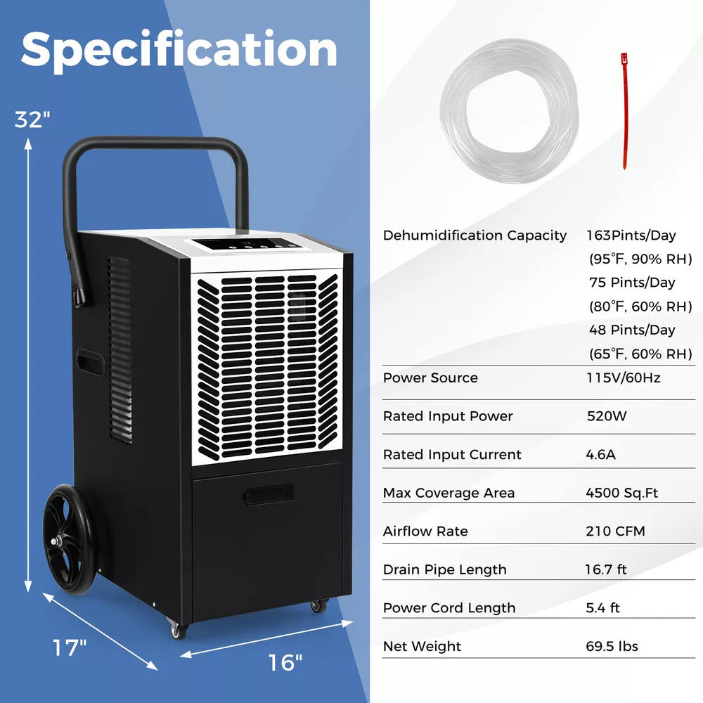 163 Pints Commercial Dehumidifier w/ Pump & Drain Hose Heavy Duty Dehumidifier