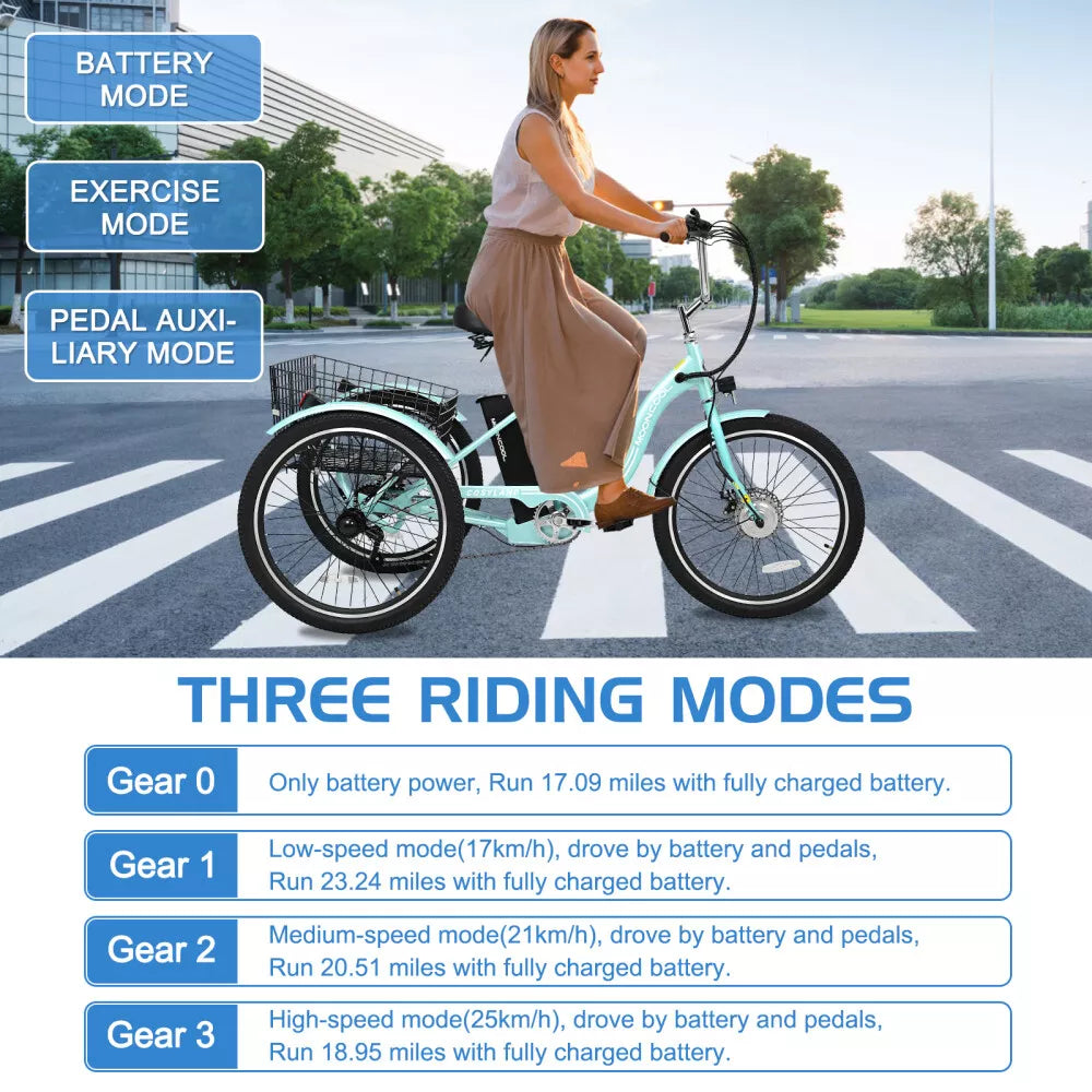 Electric Tricycle Adult Electric Bicycles, 350W 36V Trike 24/26 inch 7 Speeds