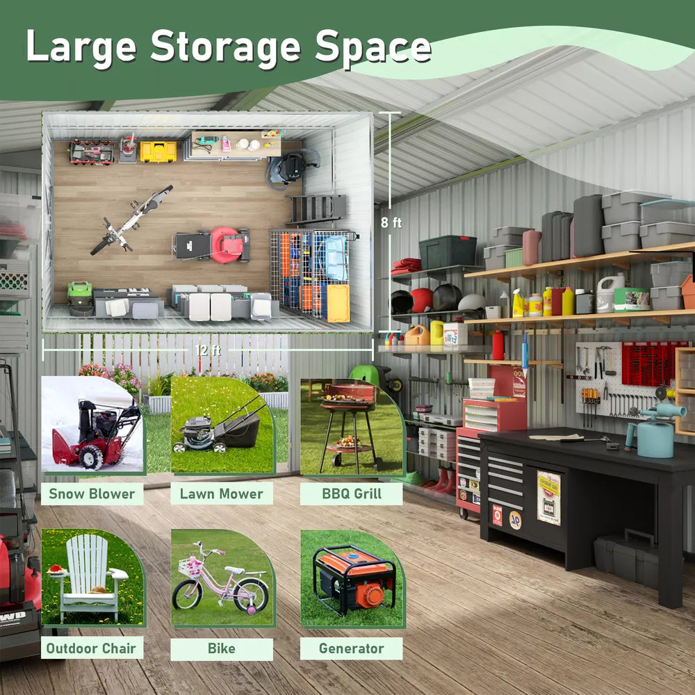 8' x 12' Outdoor Metal Storage Shed Garden Tool Shed with Lockable Doors Vents