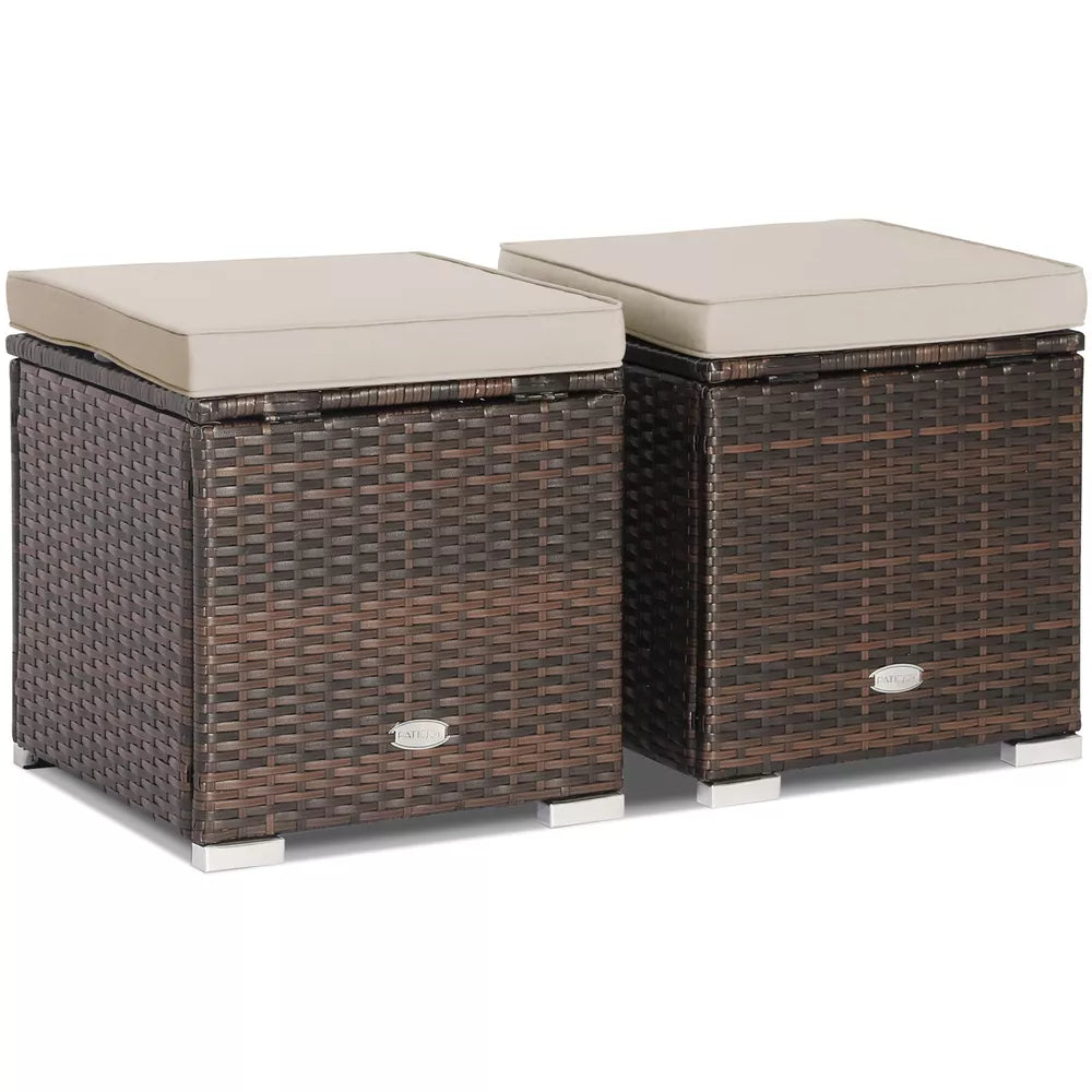 2PCS Patio Rattan Ottomans Seat Side Table Storage Box Footstool W/Cushion Beige