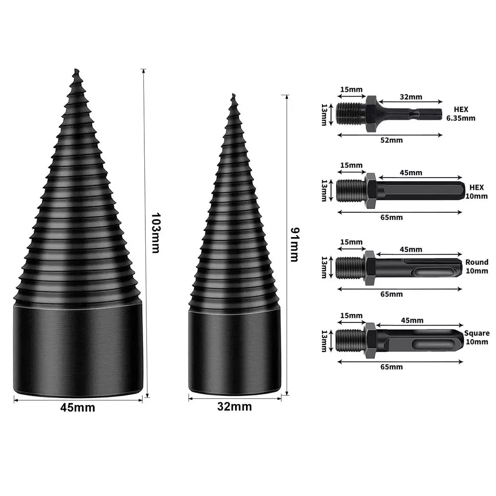 Firewood Log Splitter 45Mm+32Mm + 4 Handles (Square + round + Hex Shank + Small