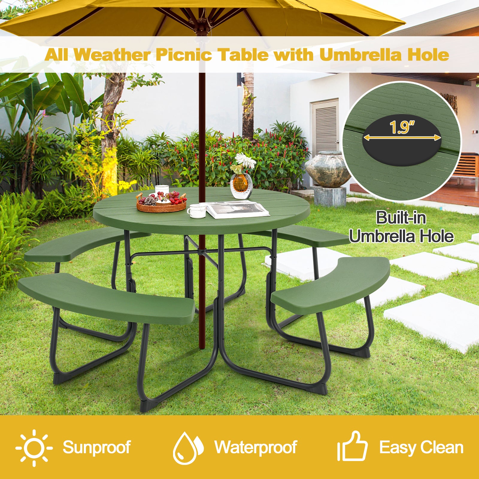 Outdoor 8-person Round Picnic Table Bench Set w/ 4 Benches & Umbrella Hole