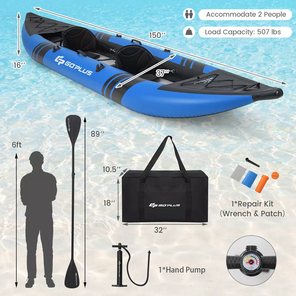 Inflatable Kayak Set Portable 2-person Kayak with Aluminium Oars EVA Padded Seat