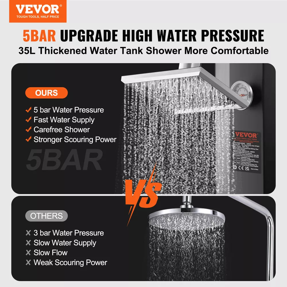 VEVOR 9.25 Gallon Outdoor Solar Heating Shower 7.1Ft Adjustable Shower Head Base