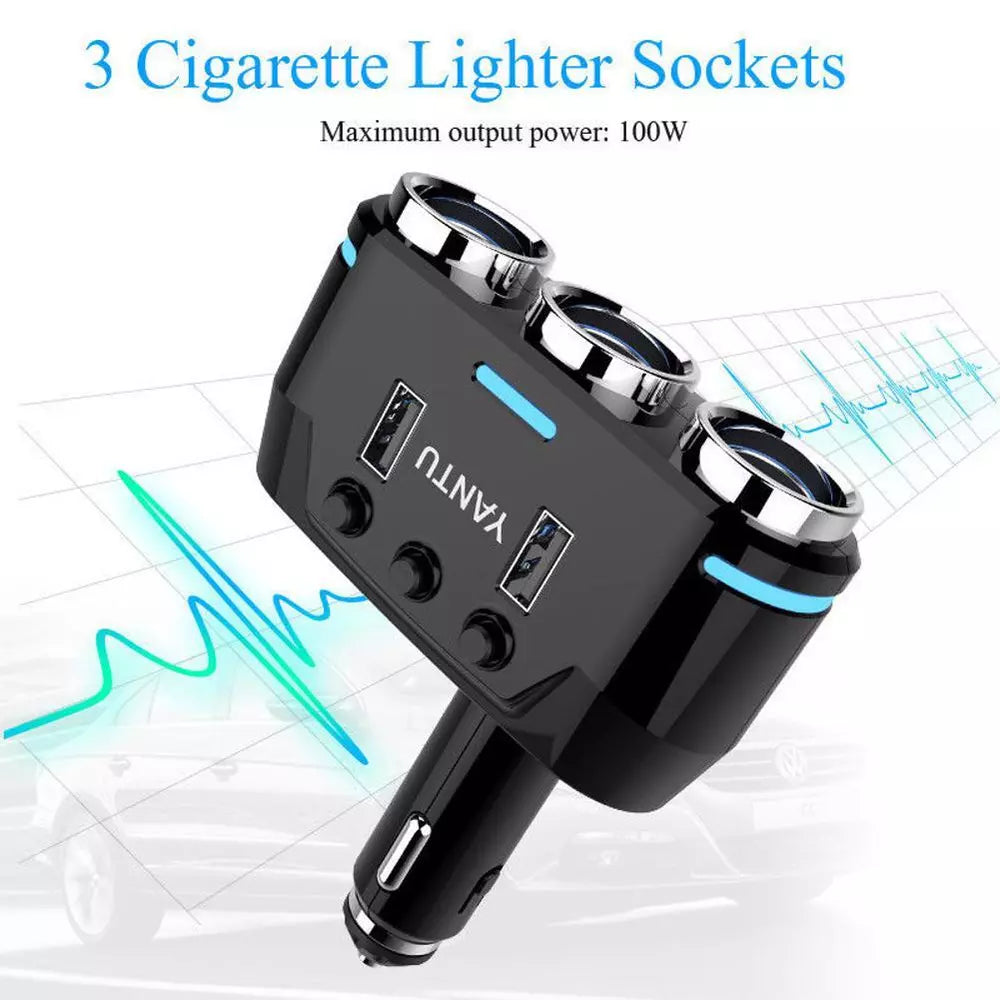 12V 3-Way Power Adapter Cigarette Lighter Socket Splitter Dual USB Car Charger