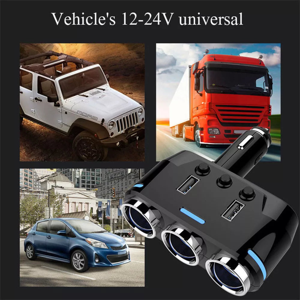 12V 3-Way Power Adapter Cigarette Lighter Socket Splitter Dual USB Car Charger