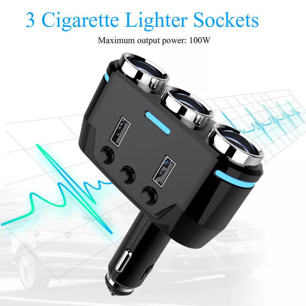 12V 3-Way Power Adapter Cigarette Lighter Socket Splitter Dual USB Car Charger