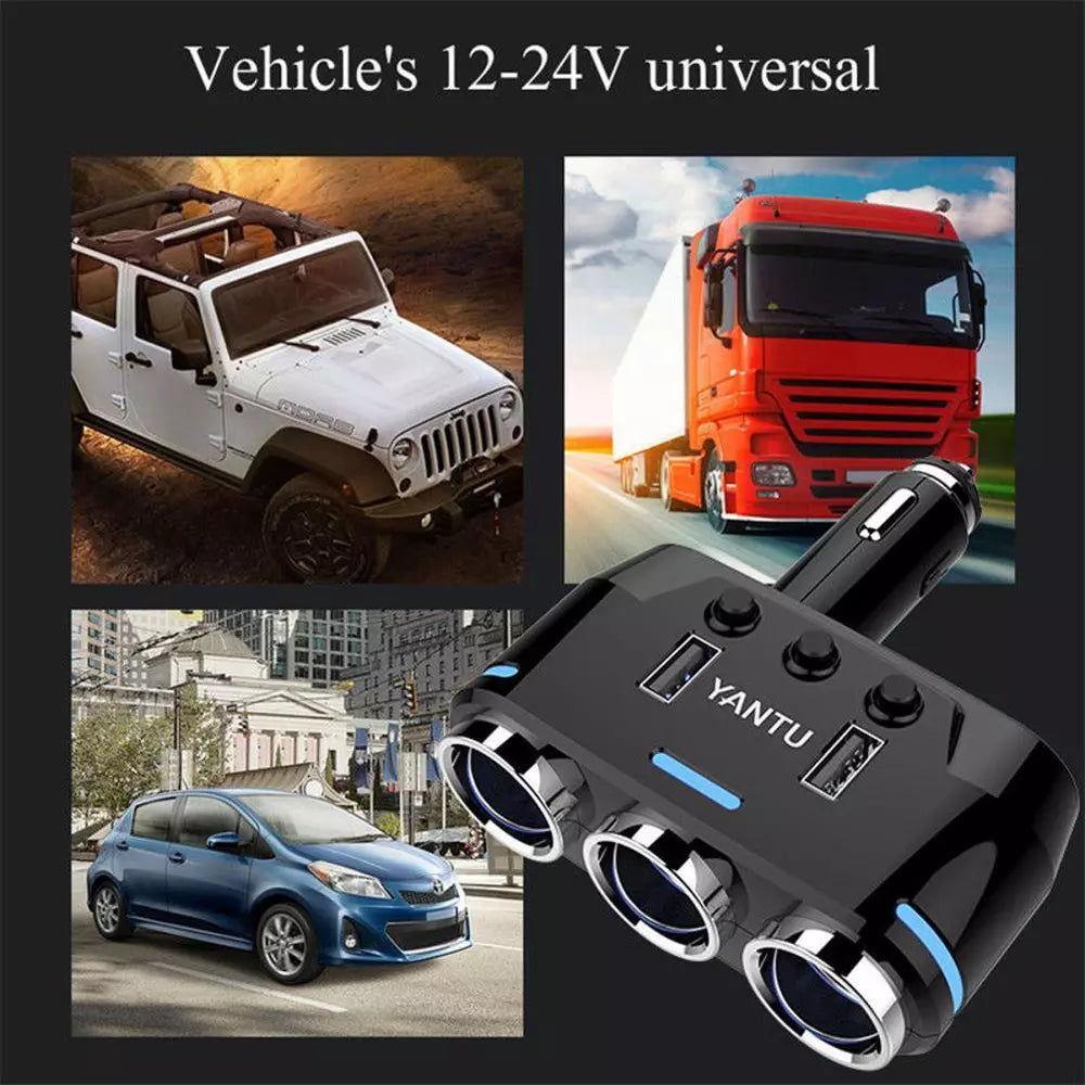 12V 3-Way Power Adapter Cigarette Lighter Socket Splitter Dual USB Car Charger