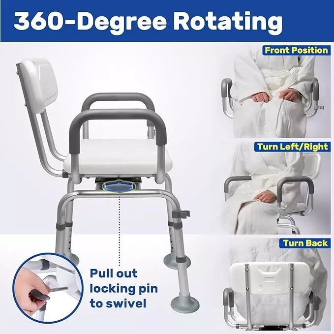 Shower Chair with Back and Arms, 360° Swivel Rotating Swivel Bath Chair FinityPr