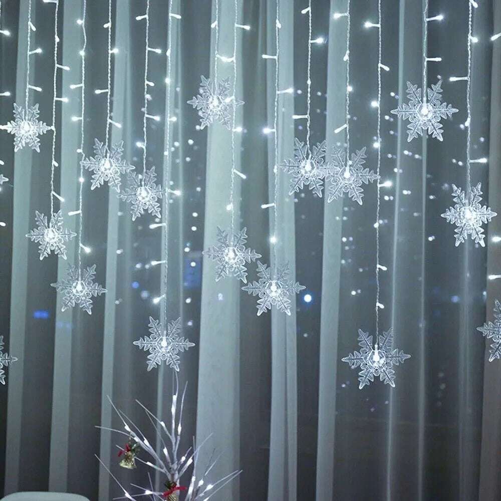 96 LED Snowflake Fairy Curtain String Lights Hanging Xmas Ornament Party Decor