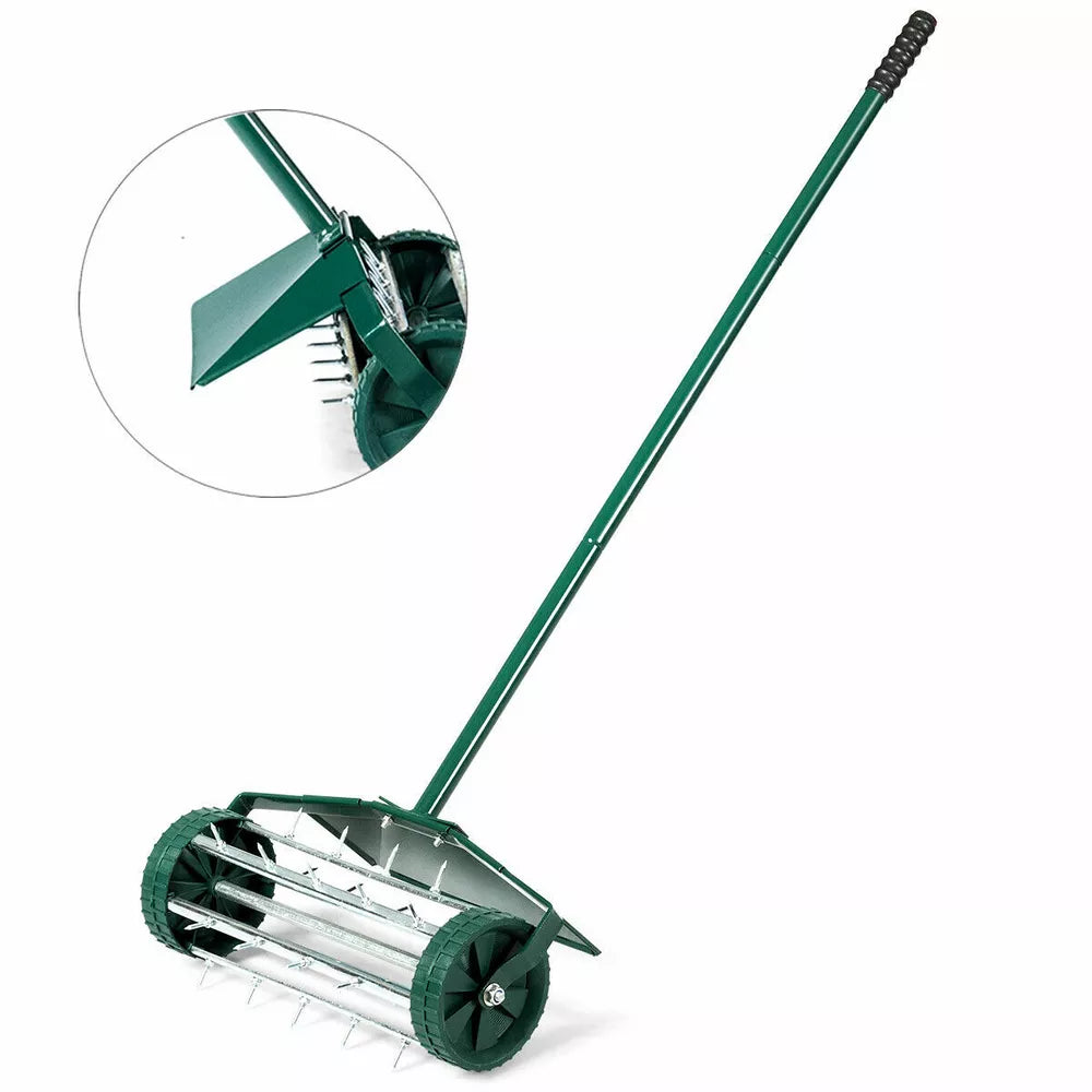 Heavy Duty Rolling Lawn Garden Spike Lawn Aerator with 3-Piece Long Steel Handle