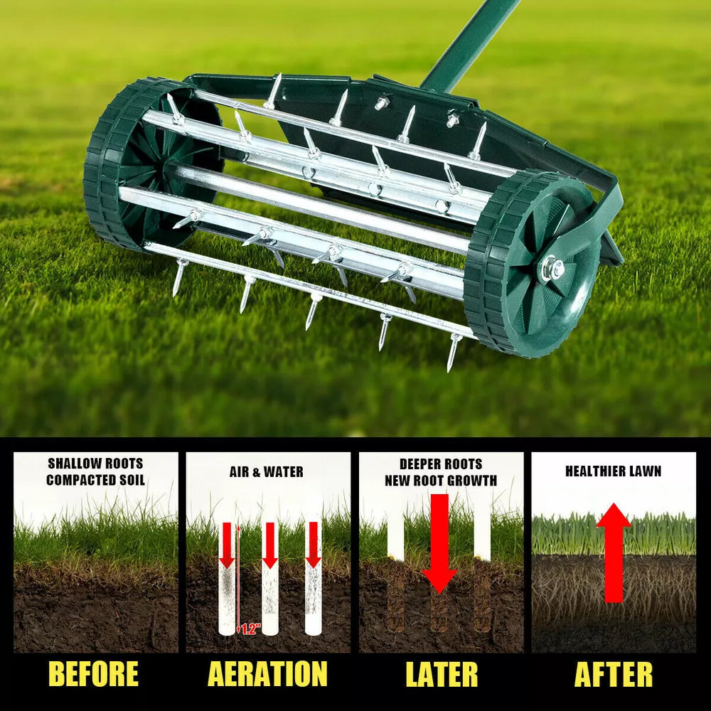 Heavy Duty Rolling Lawn Garden Spike Lawn Aerator with 3-Piece Long Steel Handle