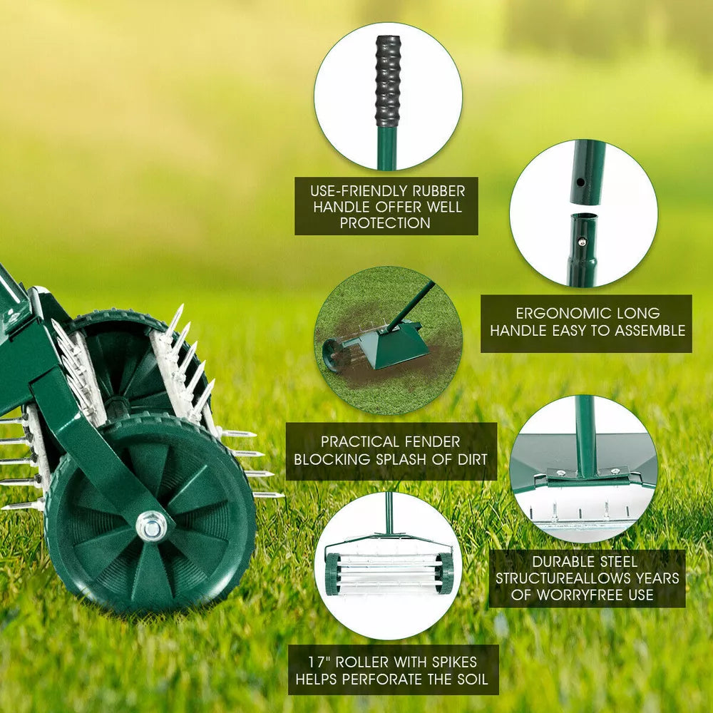 Heavy Duty Rolling Lawn Garden Spike Lawn Aerator with 3-Piece Long Steel Handle