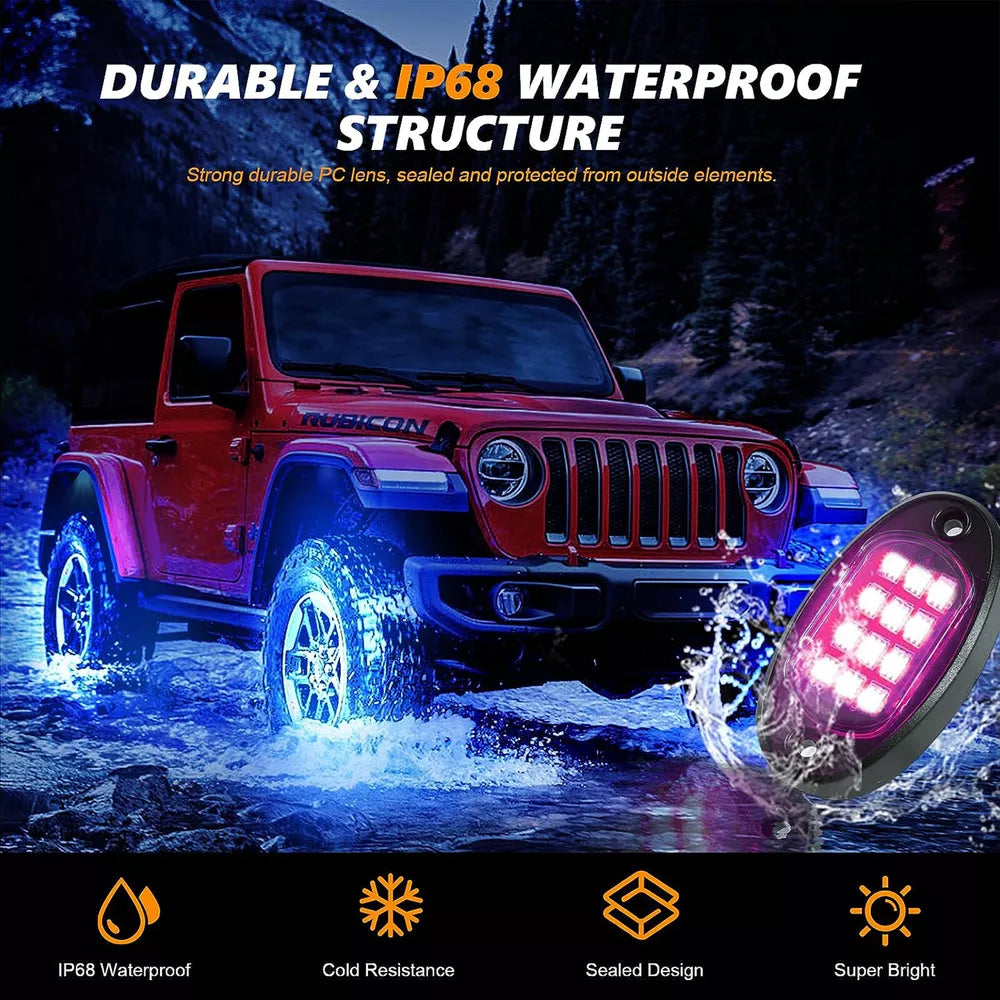 12 Pod RGB LED Rock Light Underbody Trail Rig Glow Lamp Offroad SUV Pickup Truck