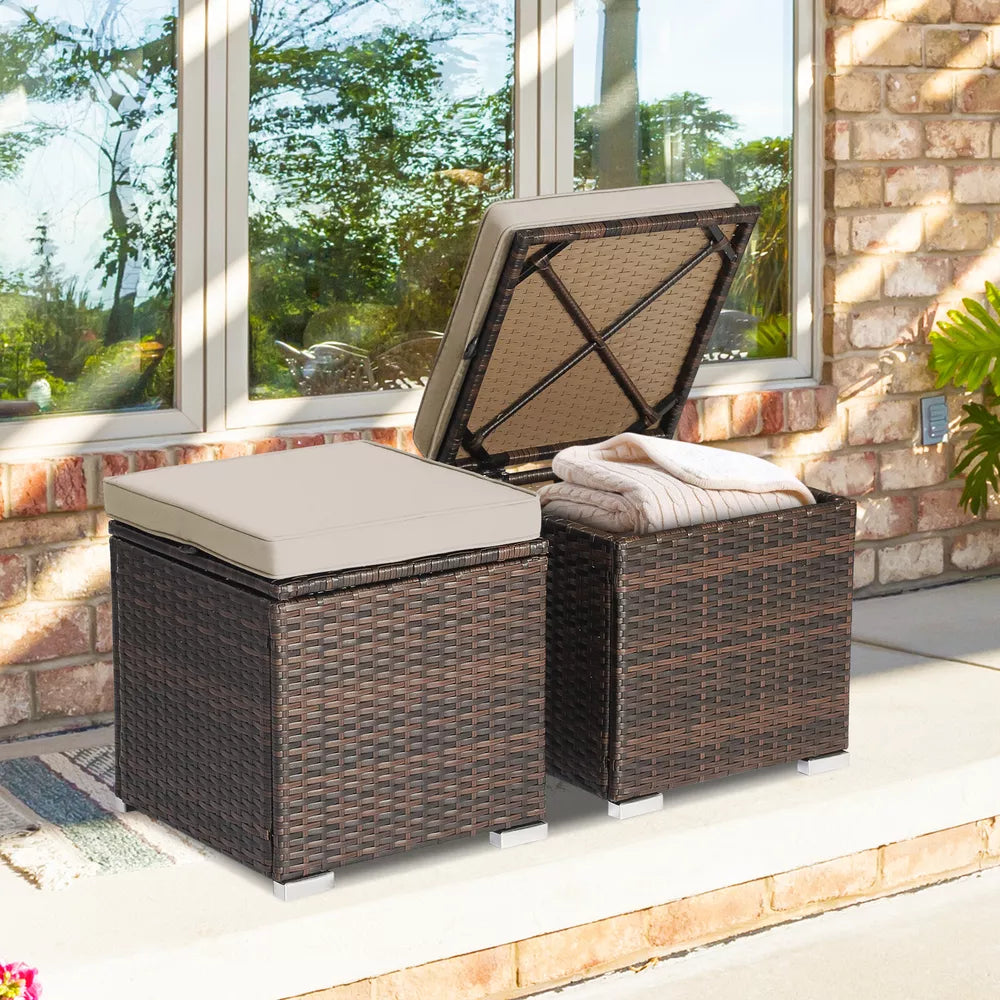 2PCS Patio Rattan Ottomans Seat Side Table Storage Box Footstool W/Cushion Beige