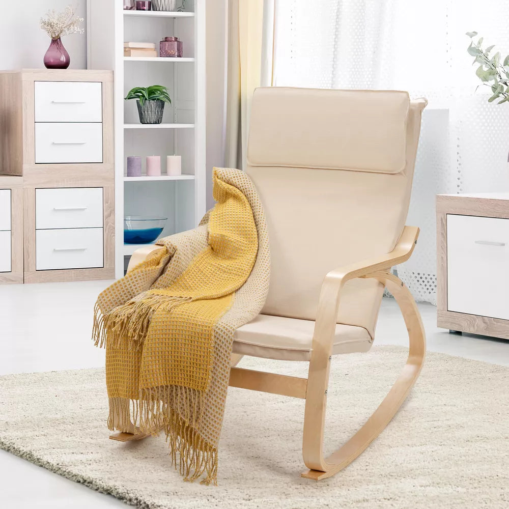 Modern Bentwood Rocking Chair Fabric Upholstered Relax Rocker Lounge Chair Beige