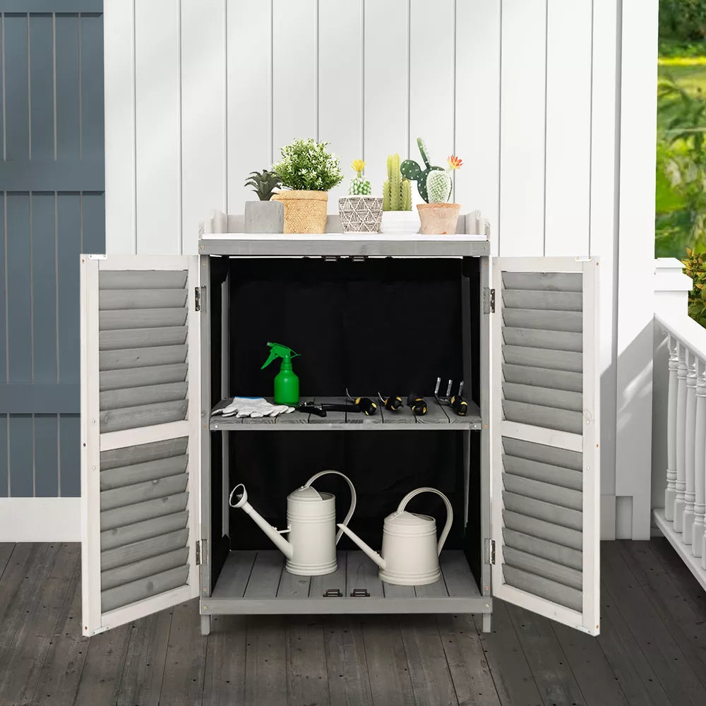 Outdoor Potting Bench Table, Garden Storage Cabinet w/Metal Tabletop Grey