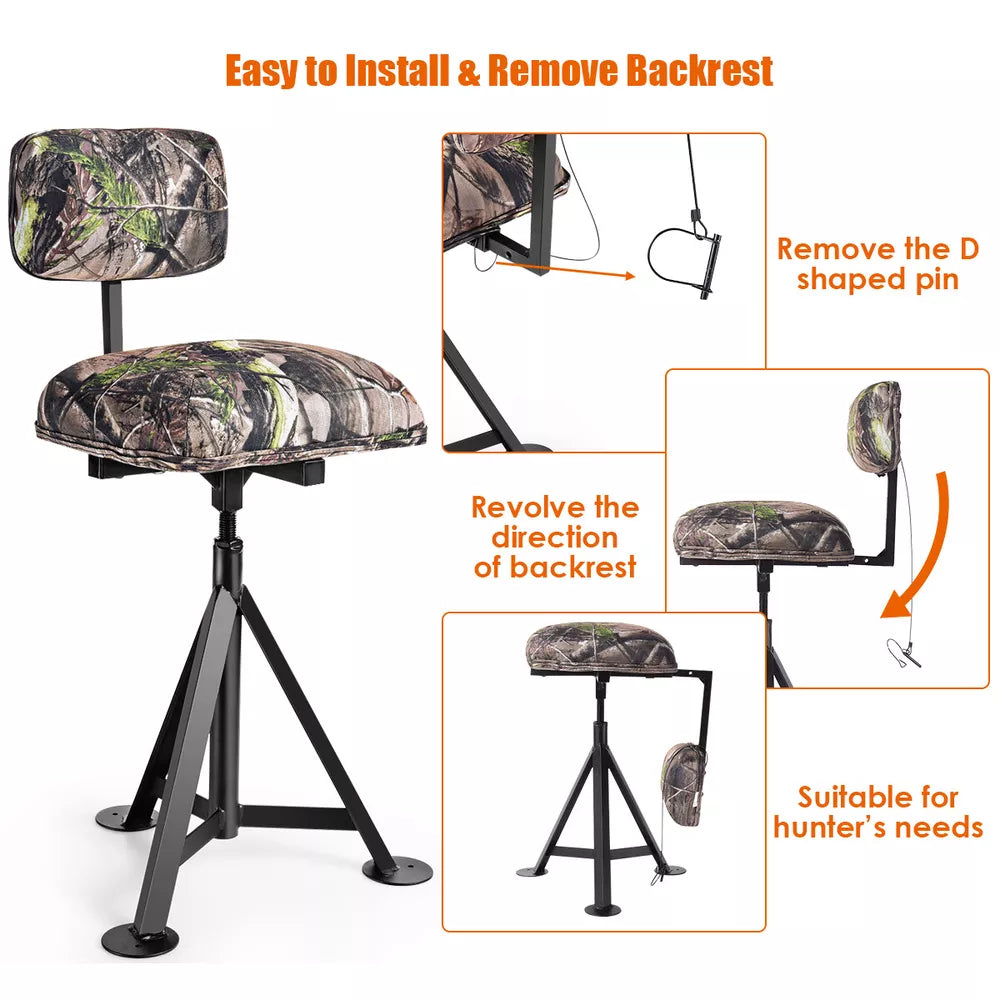 Swivel Hunting Chair Tripod Blind Stool w/ Detachable Backrest Outdoor Camping