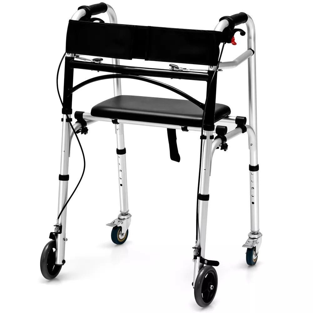 Rollator Walker Aluminum Foldable Adjustable Height w/2 Universal Wheel & Brakes