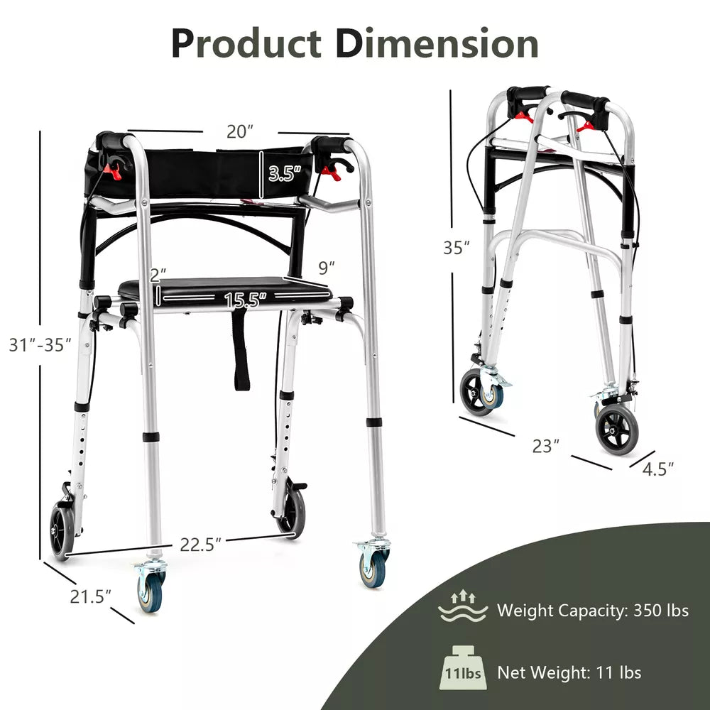 Rollator Walker Aluminum Foldable Adjustable Height w/2 Universal Wheel & Brakes