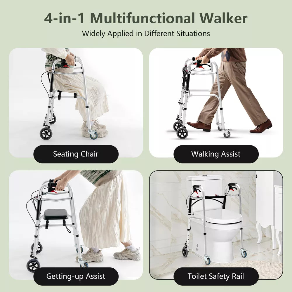 Rollator Walker Aluminum Foldable Adjustable Height w/2 Universal Wheel & Brakes