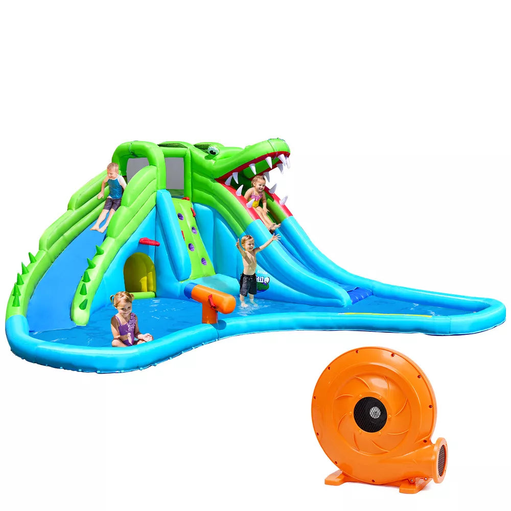 Crocodile Inflatable Water Park Dual Slides Climbing Wall with 780W Blower