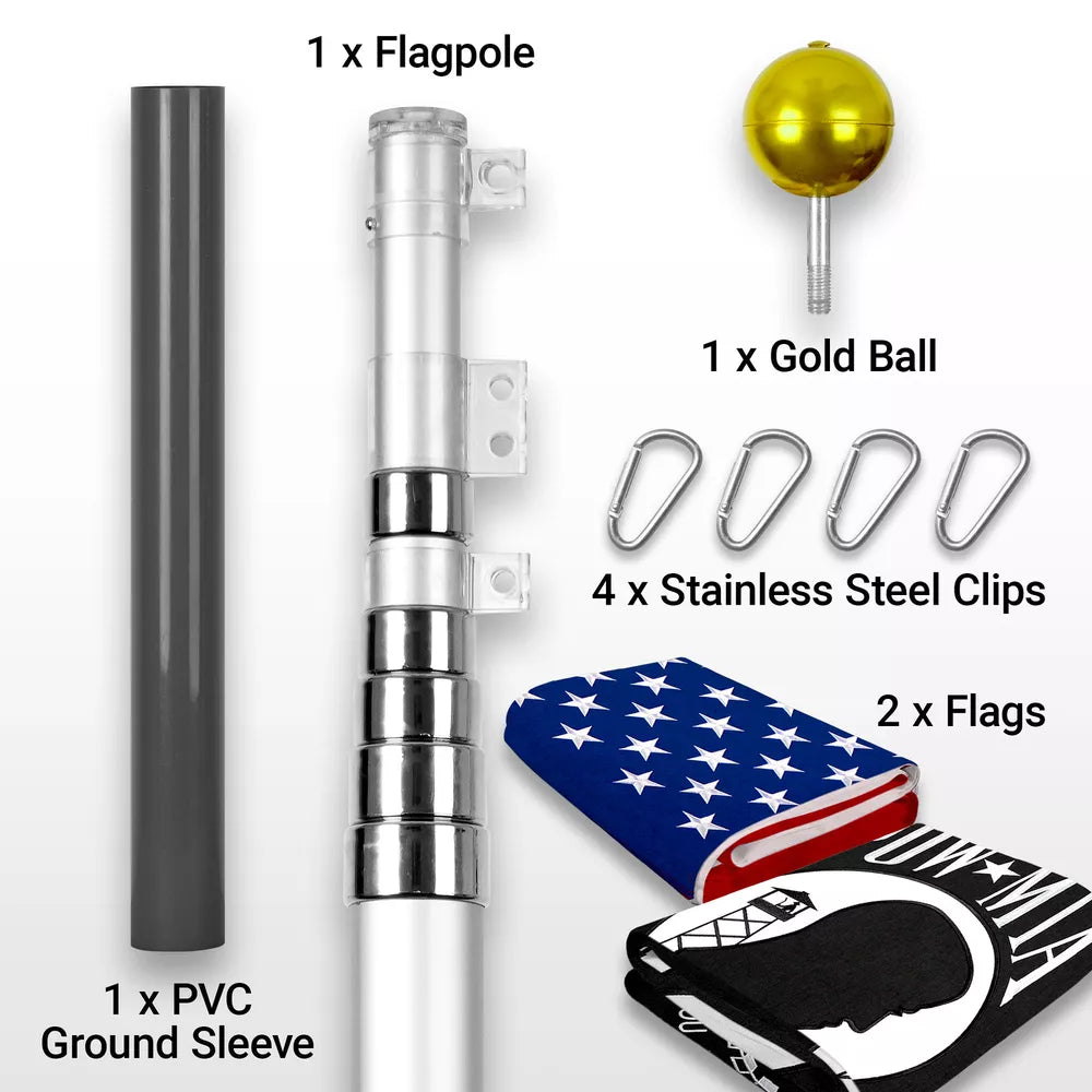 G128 20Ft Telescoping Aluminum Silver Flagpole | Flag NOT Included