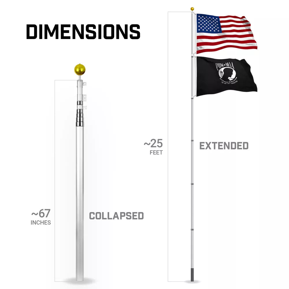 G128 20Ft Telescoping Aluminum Silver Flagpole | Flag NOT Included