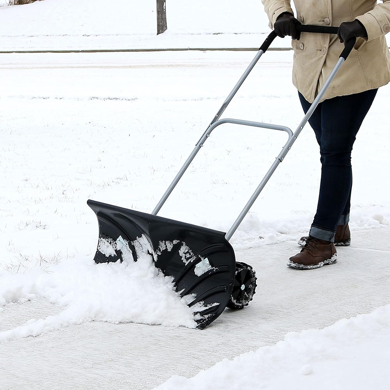 Casl Brands Snow Shovels 51"Hx26"Wx4"D Aluminum Handle Rolling Snow Pusher Steel