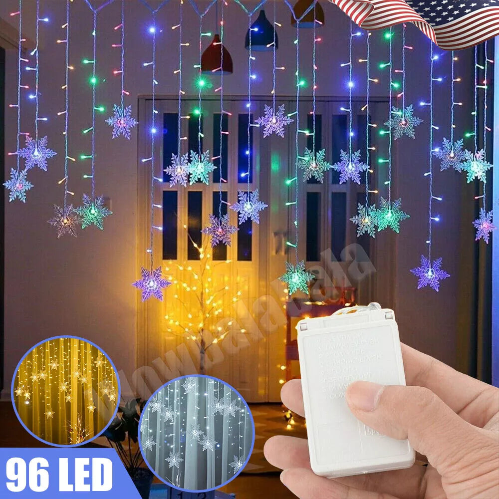 96 LED Snowflake Fairy Curtain String Lights Hanging Xmas Ornament Party Decor