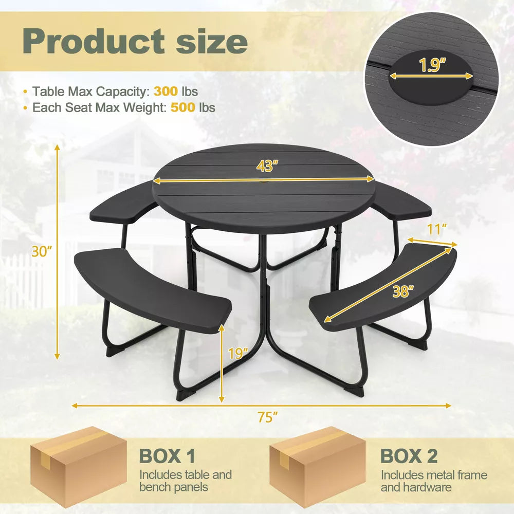 Outdoor 8-person Round Picnic Table Bench Set w/ 4 Benches & Umbrella Hole