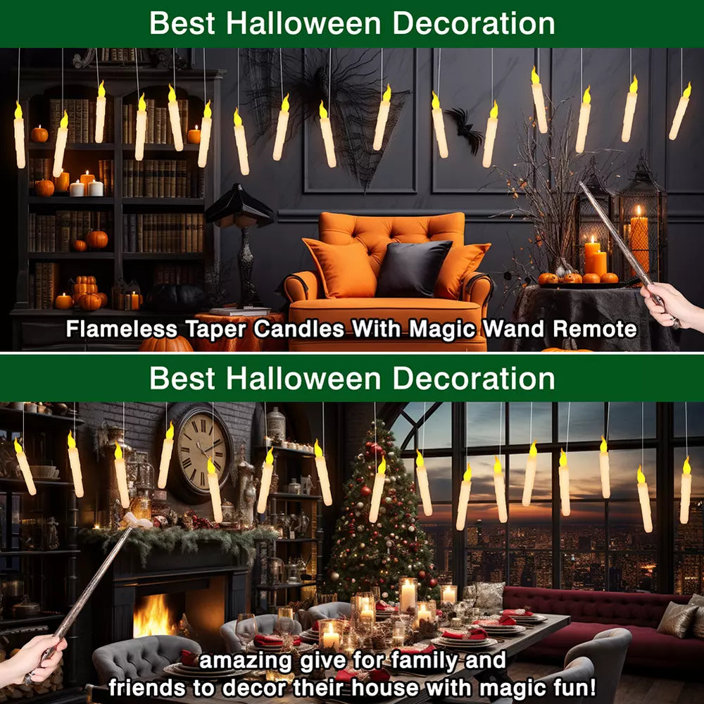 Floating Hanging Flickering Flameless LED Taper Candles with Magic Wand Remote