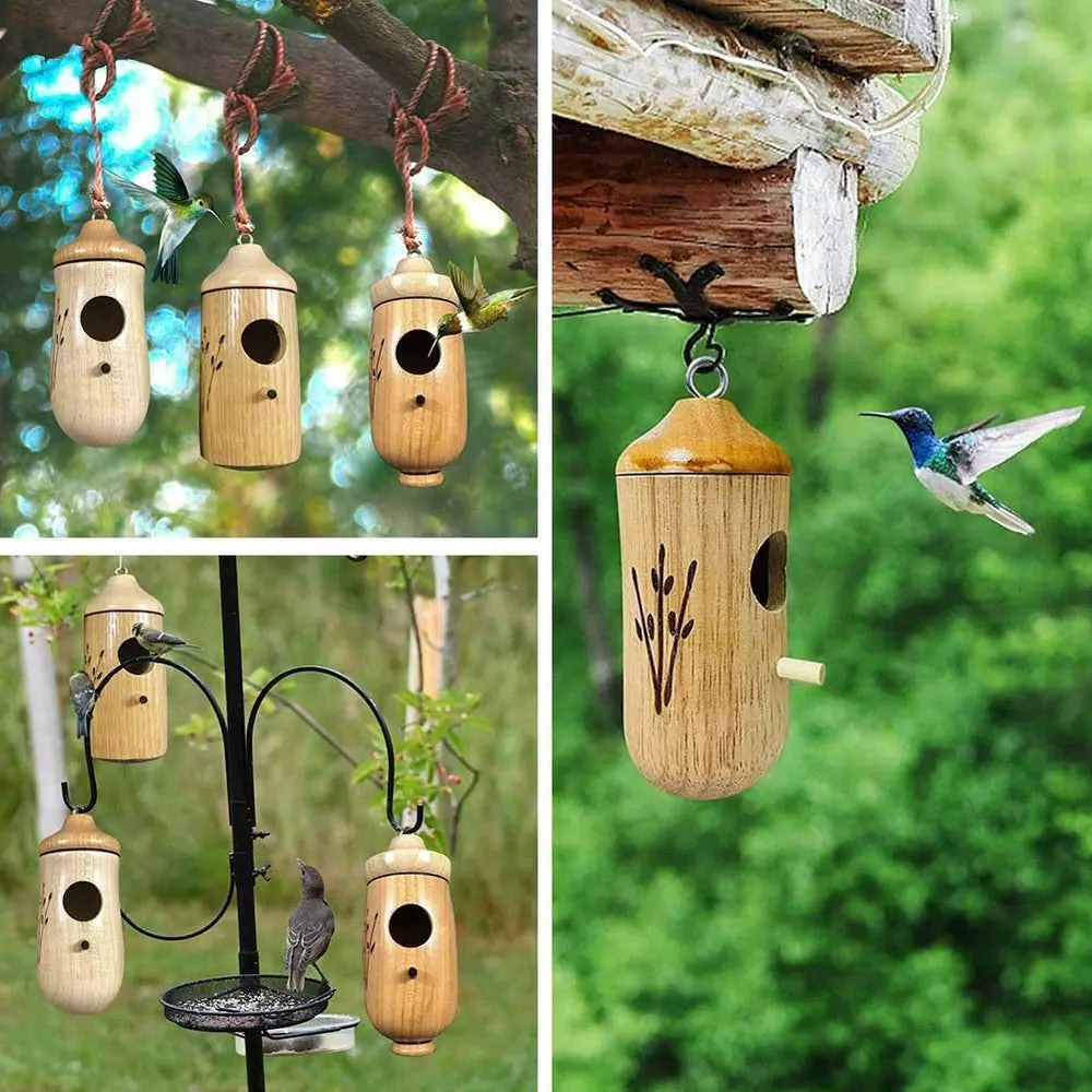 Wooden Hummingbird House Hand Hanging Hummingbird Attract Swing Nest Yard Decor