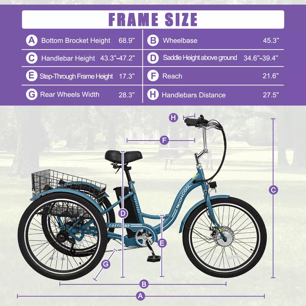 Electric Tricycle Adult Electric Bicycles, 350W 36V Trike 24/26 inch 7 Speeds