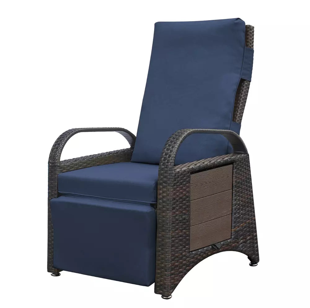 Outdoor Adjustable Recliner PE Wicker Chair With Side Table Navy Blue Cushions