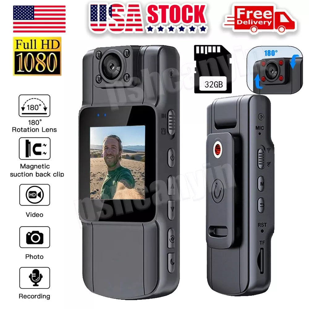 32GB 1080P Camcorder Mini Police Body Camera Full HD 180° Video DVR IR Night Cam