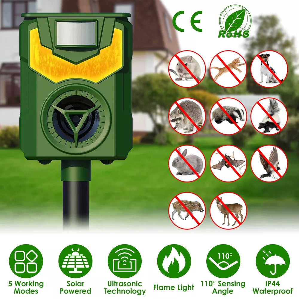 Upgraded Solar Animal Repeller Ultrasonic Deer Repellent w/ Motion Sensor Light