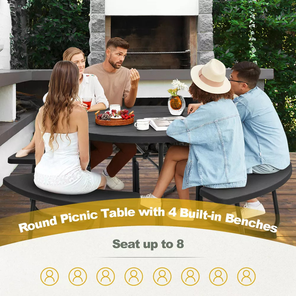 Outdoor 8-person Round Picnic Table Bench Set w/ 4 Benches & Umbrella Hole