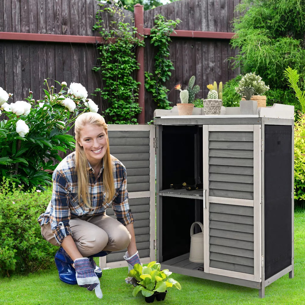 Outdoor Potting Bench Table, Garden Storage Cabinet w/Metal Tabletop Grey