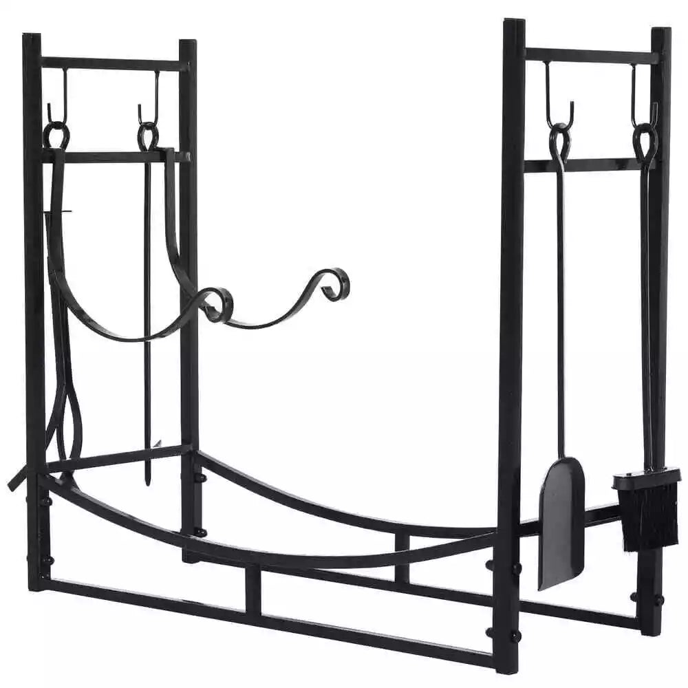 33 in. L Wrought Iron Indoor Outdoor Fireplace Tool Set Log Rack Holder with Fir