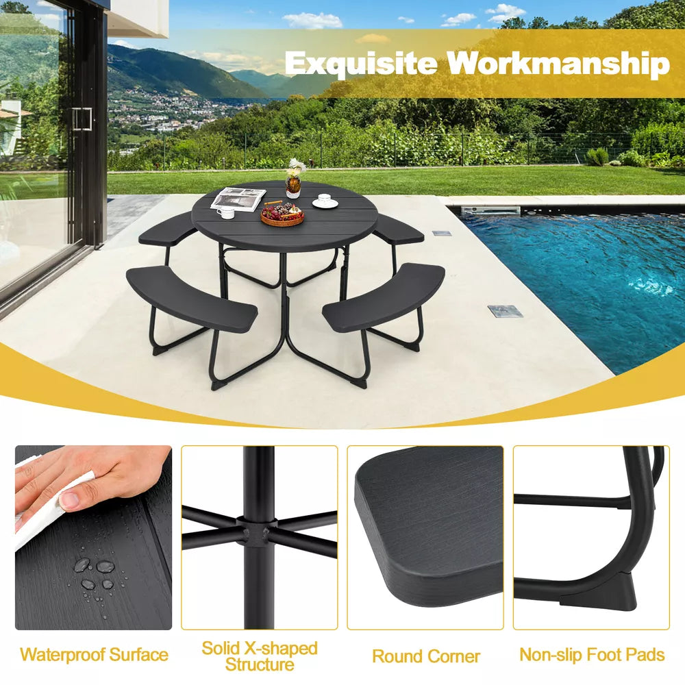 Outdoor 8-person Round Picnic Table Bench Set w/ 4 Benches & Umbrella Hole