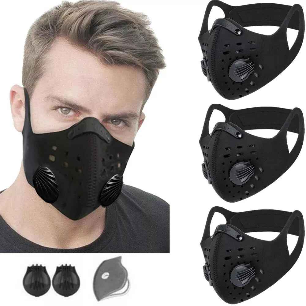 3 Pcs Black Reusable Outdoor Sports Face Mask Cover Air Valves Neoprene W/Filter