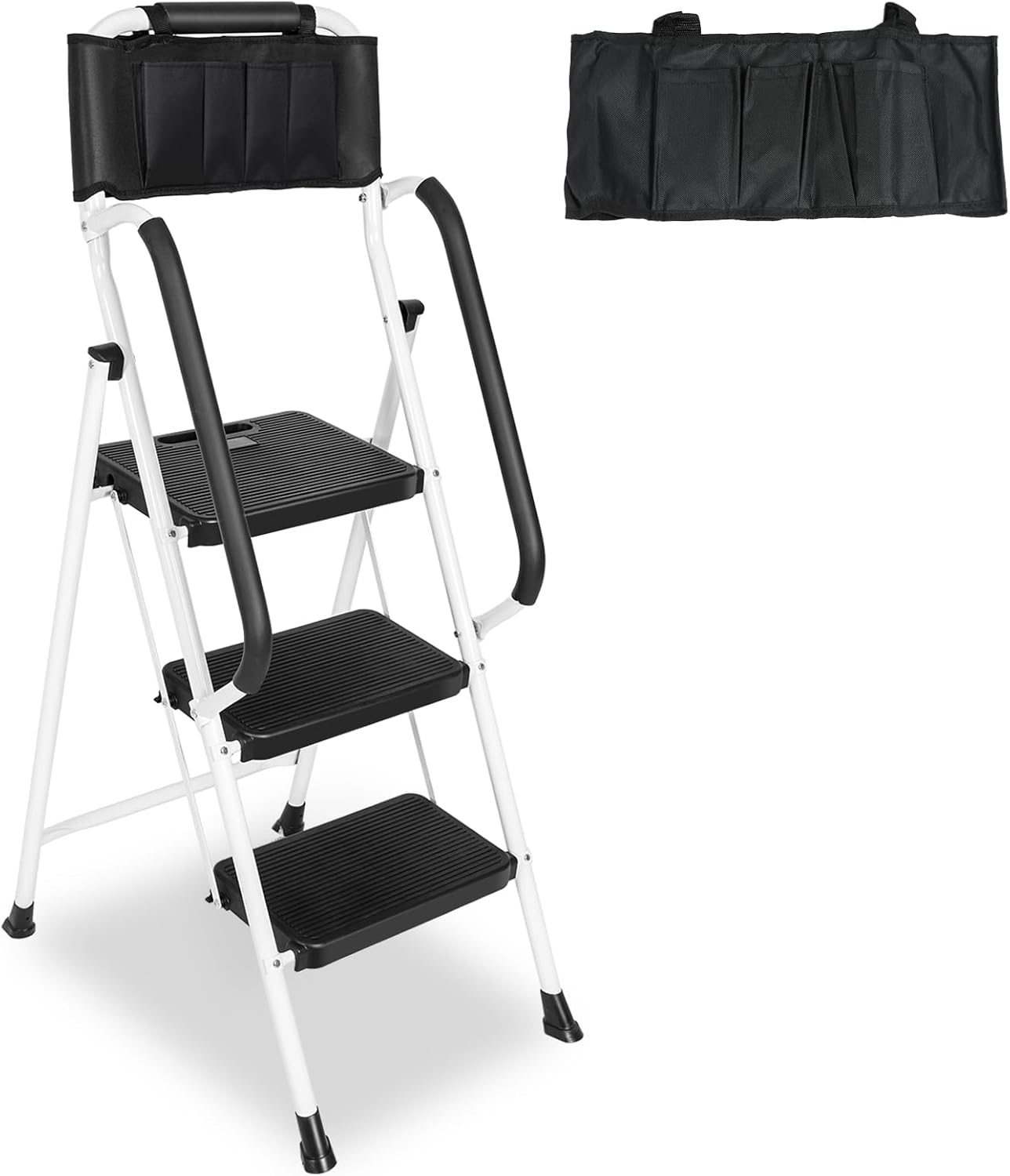 3 Step Non-Slip Stool Ladder with Handrails 500 lbs folding Attachable Tool Bag