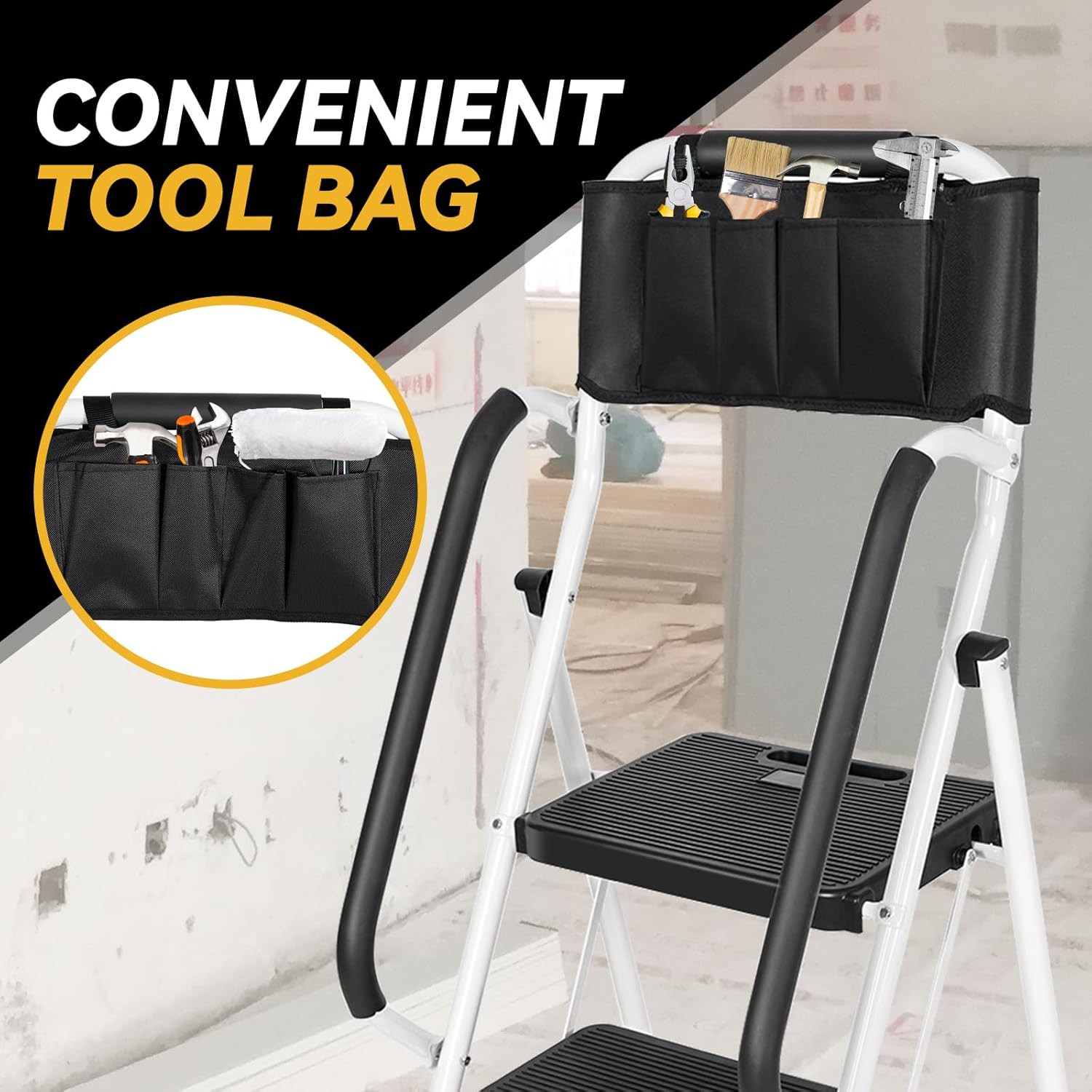 3 Step Non-Slip Stool Ladder with Handrails 500 lbs folding Attachable Tool Bag