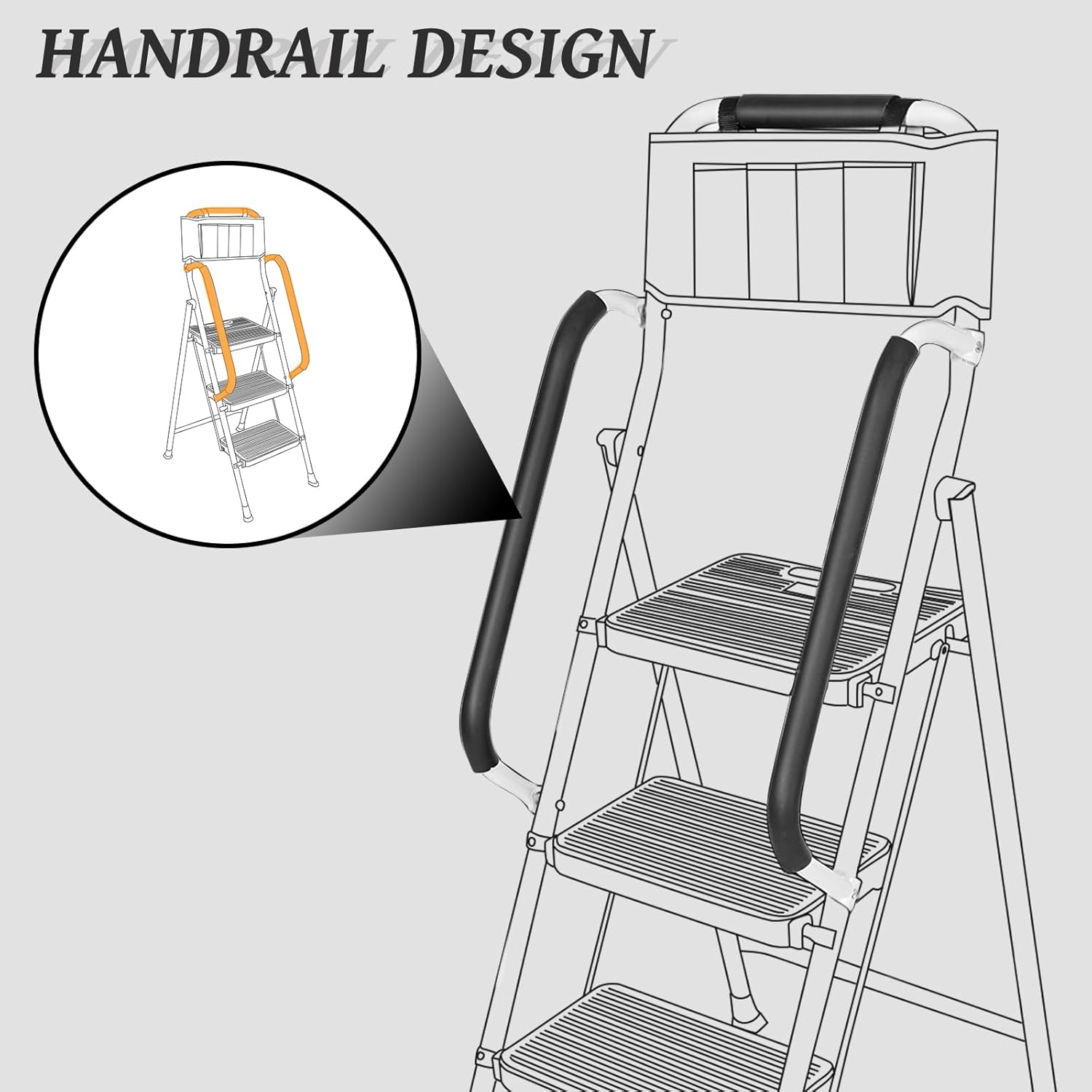 3 Step Non-Slip Stool Ladder with Handrails 500 lbs folding Attachable Tool Bag