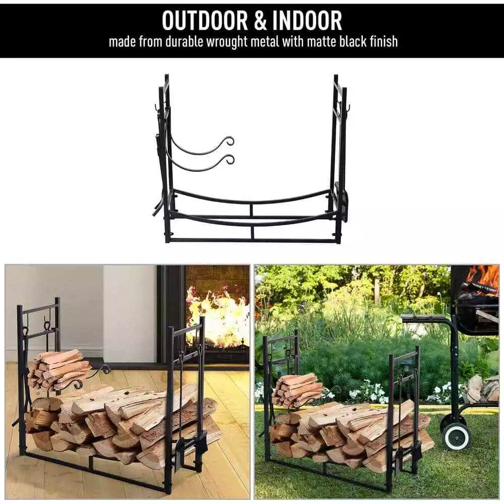 33 in. L Wrought Iron Indoor Outdoor Fireplace Tool Set Log Rack Holder with Fir