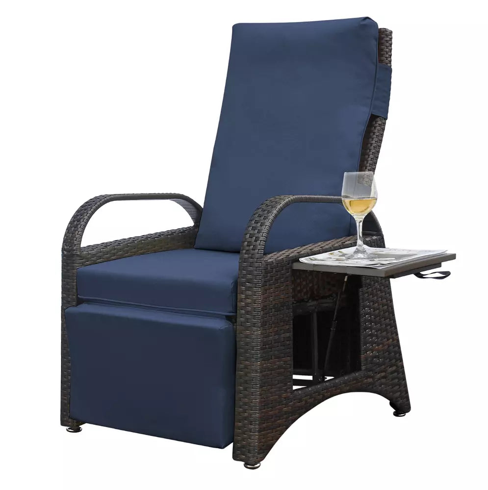 Outdoor Adjustable Recliner PE Wicker Chair With Side Table Navy Blue Cushions